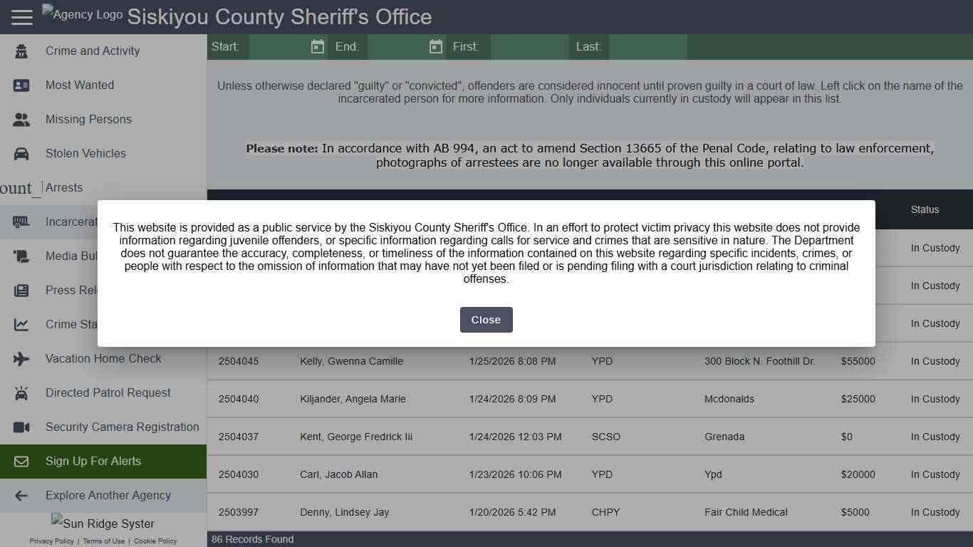 Siskiyou County Sheriff's Office - Incarcerated People