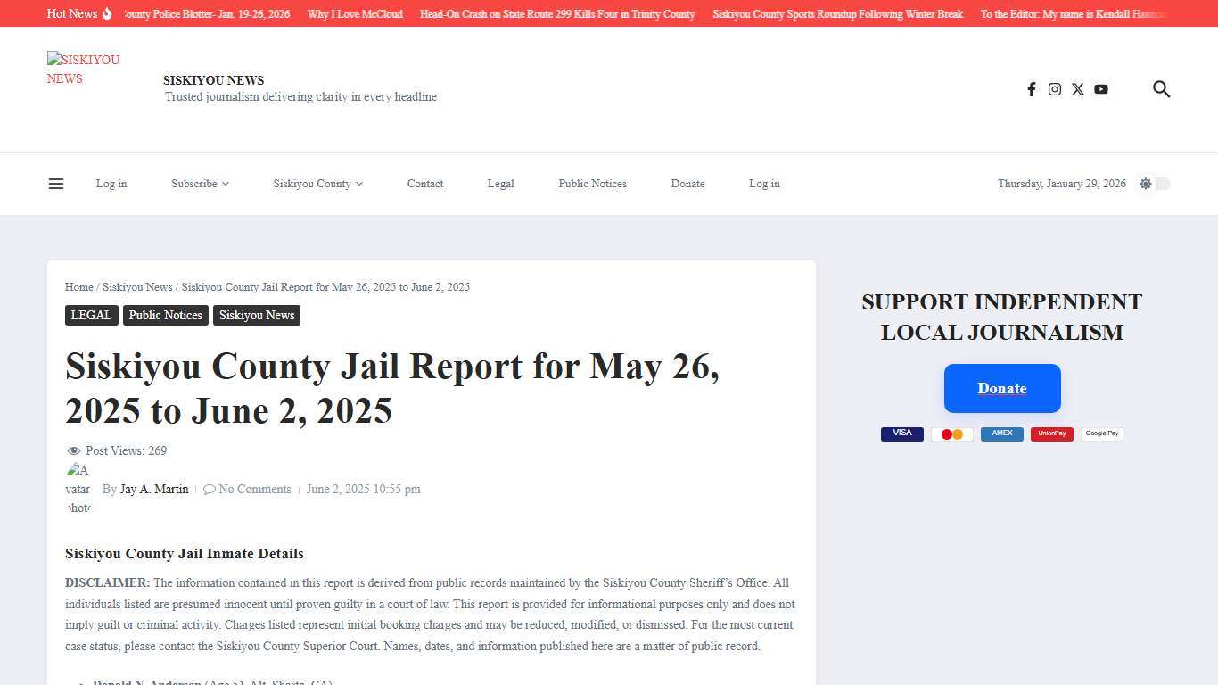 Siskiyou County Jail Report for May 26, 2025 to June 2, 2025 – SISKIYOU NEWS